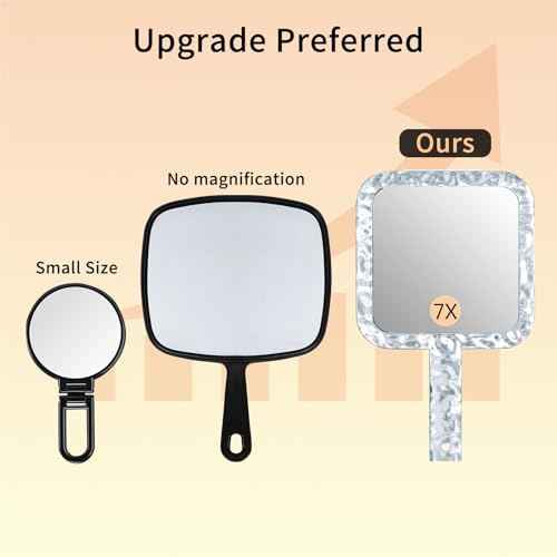 Famihomii Handheld Mirror with 1X/7X Magnification, Dual-Sided Magnification Hand Mirror, Hand Mirror with Handle, 10" x 6.1", Lightweight & Durable, Portable & Hangable for Makeup, Shaving - Clear