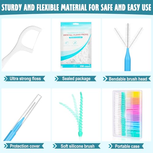 Lezmarket 450PCS Interdental Brushes and Flosser Picks Kit, Braces Brushes, Soft Picks and Dental Floss Sticks for Teeth, Braces Cleaner Brush Tooth Floss Pick Between Teeth Brushes for Braces