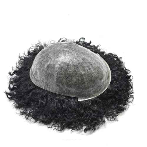 Afro Toupee for Black Men Kinky Curly Brazilian Human Hair Piece African American Wavy Hairpiece Full Poly Thin Skin PU Replacement System(8x10-120% Density,#1B Off Black-12MM Wave)