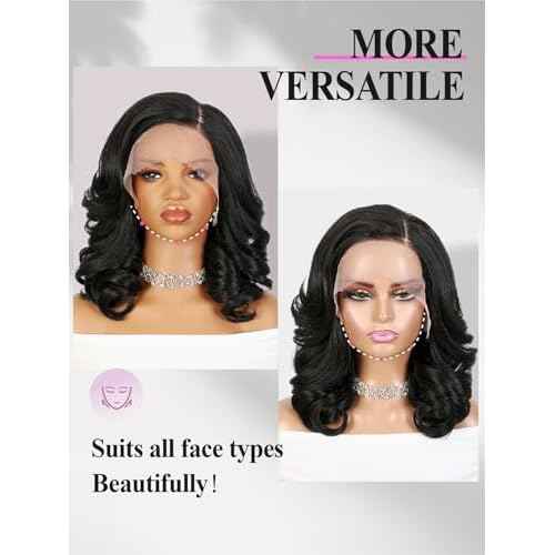 WIGER Short Lace Front Wig Pre Plucked Curly Bob Wig for Women Natural Lace Hairline Loose Wave Synthetic Wig for Daily Party Halloween (Nature Black)