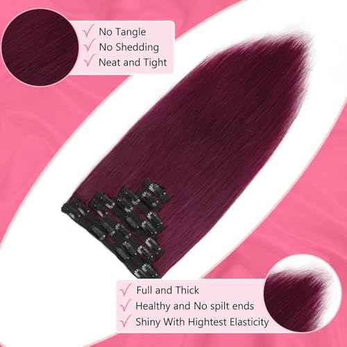 ShowJarlly Clip in Hair Extensions Real Human Hair 24 Inch Straight Clip Ins 8 Pcs Brazilian Remy Hair Extensions for Women #99J Burgundy 110g