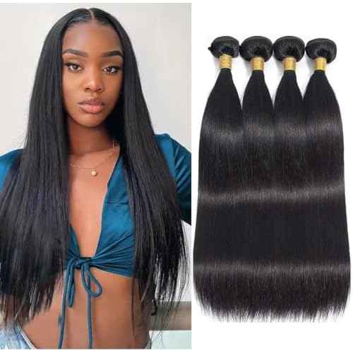 Straight Bundles Human Hair 20 22 24 26 Inch 4 Bundles Human Hair Straight 100% Unprocessed Brazilian Virgin Hair Weave Bundles Human Hair Extension for Women Trippy Hair Bundle Natural Color