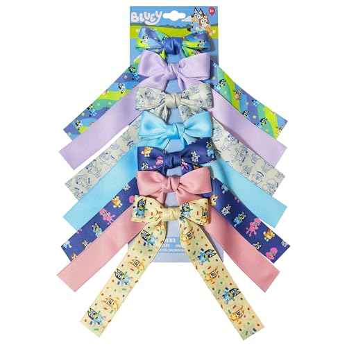 Bluey Printed Long Tail Hair Bow Set for Girls ? 7-Pack Printed Bows with Alligator Clips ? Cute Hair Accessories for Kids Ages 3+