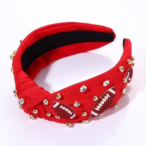 CEALXHENY Football Headband for Women Football Accessories Beaded Football Rhinestone Crystal Knotted Headband Jeweled Embellished Game Day Top Knot Headband Football Mom Hair Accessories (B-Red)