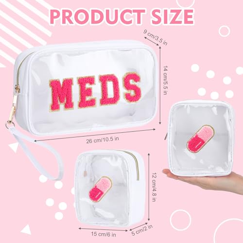 Hillban 2 Pcs Medicine Chenille Letter Bag Preppy Clear Nylon Portable Makeup Meds Cases for Travel PVC Transparent Mini First Aid Storage Bag Gift for Christmas Women(Adorable)