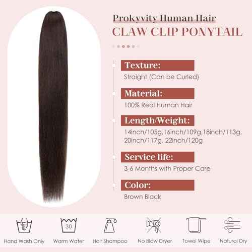 Human Hair Claw Clip Ponytail, Claw Clip Human Hair Ponytail,Effortless Application with Secure Hold,Style in Seconds,Quick Styling Solutions for Busy Lives,20"/117g Dark Brown