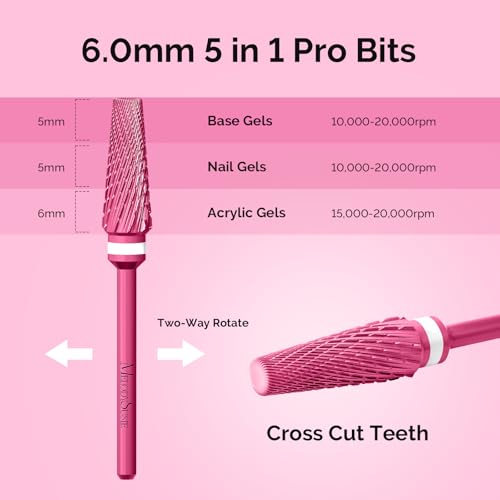 MelodySusie Upgrade 5 in 1 Nail Drill Bits, 3/32'' Carbide Tungsten Multi-Function Mixed Sizes Edition, Suitable for Manicure Pedicure Cuticle Gel Polishing, Professional Advanced Bits, Pink Blossom