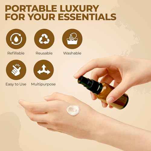 6 Pack, 3 30ml (1oz) & 3 15ml (0.5oz) Empty Refillable Glass Amber Pump Bottle Ideal for Lotion Cream Essential Oil Travel Small Container, Convenience Pack