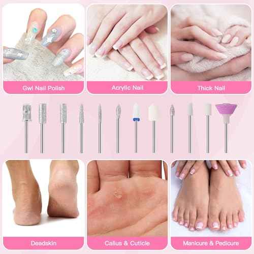 Cordless Nail Drill Set, Electric Nail Files and Buffers Drill Nails for Natural or Acrylic Gel Nails - Rechargeable Nail File Nail Drill Machine Manicure Nail Dremel Kit (Gold)
