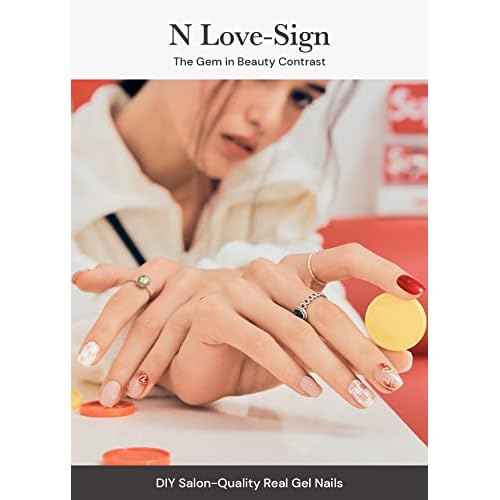 ohora Semi Cured Gel Nail Strips (N Love-Sign) - Red, Patterned, Works with Any UV/LED Lamps, Salon-Quality, Long Lasting, Easy to Apply & Remove - Includes 2 Prep Pads, Nail File & Wooden Stick