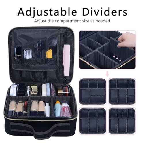 Travel Makeup Bag Organizer Case£¬with Adjustable Dividers Light Portable Storage for Makeup, Brushes, Toiletries, Jewelry, and Digital Accessories-Black