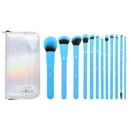 MODA Totally Electric Neon Blue Full Face Makeup Brush Kit ? 13pc Vibrant Brush Set for Face & Eyes with Zip Case
