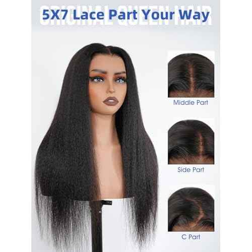ORIGINAL QUEEN Kinky Straight Wig Wear and Go Glueless Wig Human Hair Pre Cut Pre Plucked 5X7 Large Lace Front Wigs Human Hair for Women 3D Dome Cap Beginner Friendly 16Inches