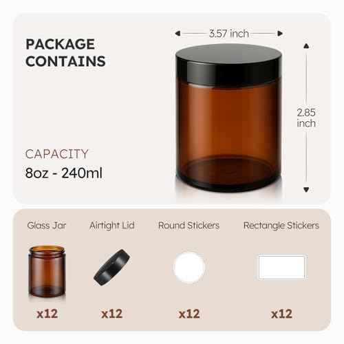 8 oz Amber Glass Jars with Lids, 12 Pack Amber Small Glass Jars with Black Lids, Lotion Container Empty Cosmetic Travel Containers for Sample, Cream, Lotion, Honey, Powder
