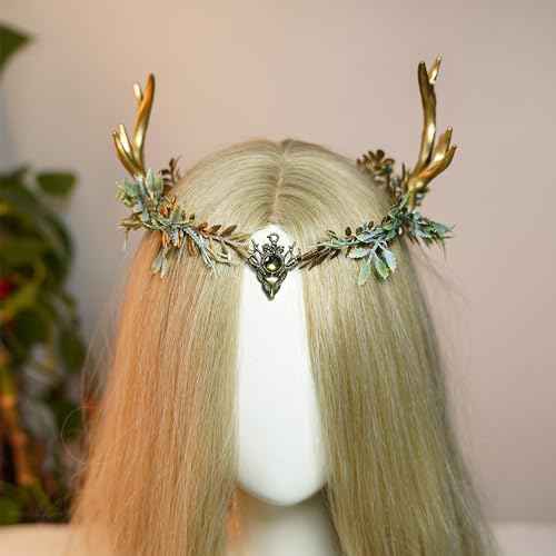 MOSTORY Woodland Gold Antler Crown - Forest Elf Headpiece Fairy Floral Circlet for Women Renaissance Fair Halloween Renfaire Cosplay Photo Shoot