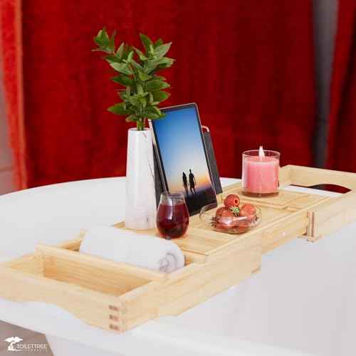ToiletTree Products Bamboo Bathtub Caddy with Extending Sides and Adjustable Book Holder (Deluxe)