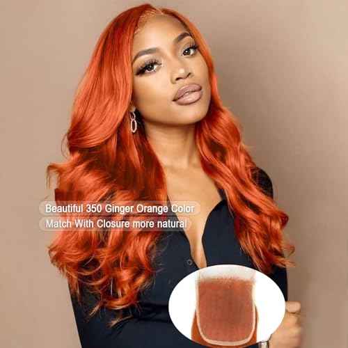 Ginger Human Hair Bundles with Closure Body Wave 16 18 20+16 IN 350 Orange Colored Bundles Human Hair with 4x4 HD Closure Free Part Soft Thick