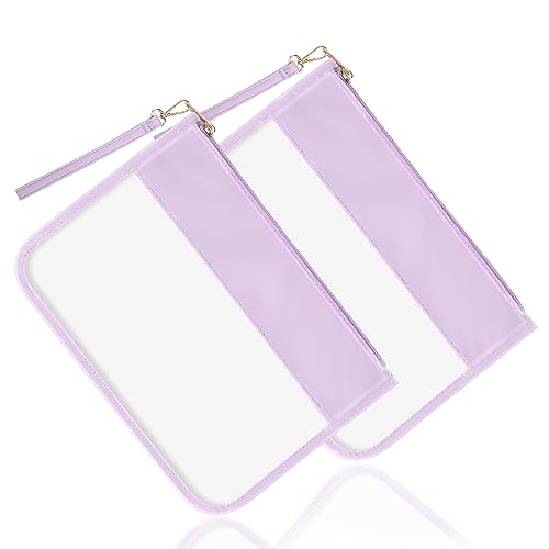 2 Pack Clear PVC Flat Pouch, PU Travel Makeup Bag Clear Zipper Pouch with Wristlet, DIY Chenille Letter Bag Waterproof Portable Small Clear Travel Toiletry Bag Cosmetic Pouch for Women Girls(Black)