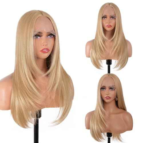 Synthetic Lace Front Wig 26 Inches Long Blonde Wig for Women Straight Layered Wig 13x4x1 HD Lace Pre Plucked Hairline Middle Part Synthetic Wigs for Daily Party Use (#Mixed Blonde, 26 Inch)