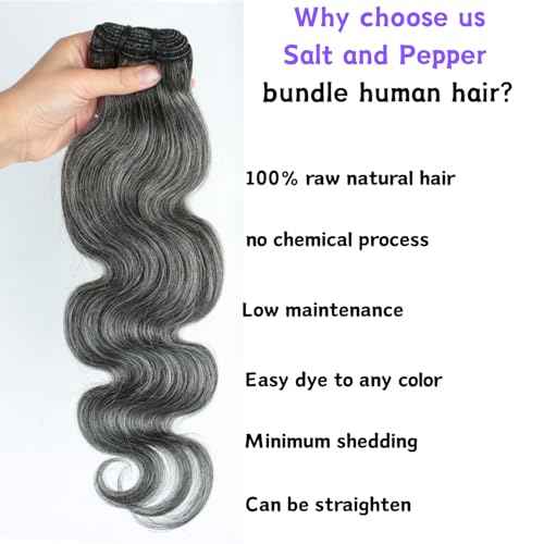 Grey Bundles Human Hair 12 14 16 Inch Salt and Pepper Body Wave Human Hair White Grey 3 Bundles Human Hair Extensions 100% Unprocessed 12A Brazilian Hair for Black Women