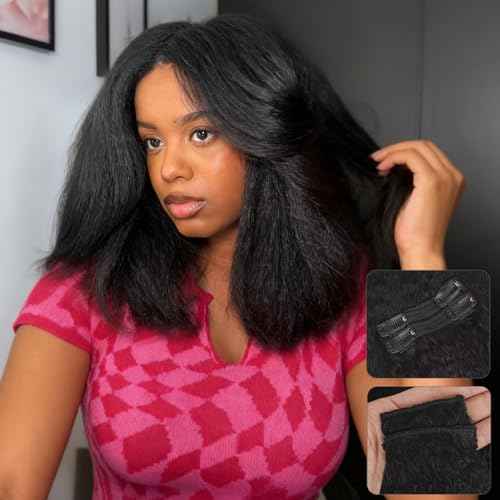 Kinky Straight Clip in Hair Extensions Real Human Hair 14Inch 8Pcs 120g Double Weft Kinky Curly Clip Ins Full Head 100% Unprocessed Brazilian Virgin Hair Extensions for Women Natural Black