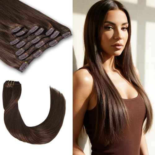 Clip in Hair Extensions Real Human Hair 18 Inch 120g 7Pcs Remy Extensions Double Weft Straight Hair Extensions for Add Volume (18in, 120g, #4)