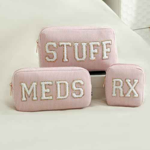 uekeboag Seersucker Chenille Letter Stuff Meds RX Makeup Bag, Travel Washable Purse Organizer with Zipper, Lightweight Toiletry Cute Personalized Preppy Cosmetic Bag For Women and Girls(3pcs Pink)