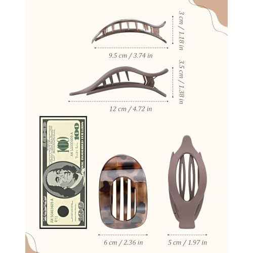 AWAYTR Flat Hair Clips For Women Lay Flat Claw Clip for Hair 6Pcs Large Hair Claw Clips for Driving Yoga (Leopard Series + Brown Series)