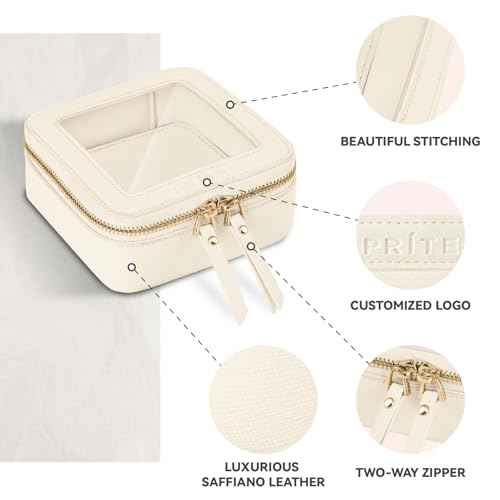 Prite Small Makeup Bag for Women Portable Clear Makeup Bag Cute Mini Waterproof Travel Cosmetic Bag with Gold Zipper for Car Essentials(Beige)