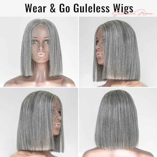 Salt and Pepper Wigs for Women, Wigs Human Hair Glueless Wear and Go Pre Plucked Pre Cut 5x5 Grey Bob Wigs Human Hair 210% Density 12A Brazilian Virgin Hair Lace Front Closure Wig 12 Inch