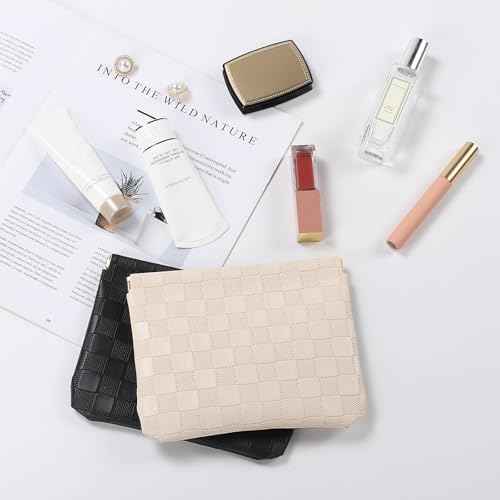 Sightor 2PCS Pocket Cosmetic Bag for Purse, Checkered Makeup Bag Portable Leather Cosmetic Bag for Women, Coin Purse Lipstick Cosmetic Accessories Organizer Travel Cosmetic Pouch (Black, Beige, L)