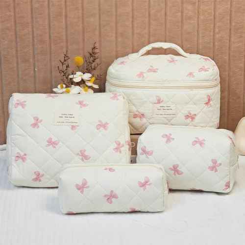 Quilted Makeup Bag, Large Capacity Travel Cosmetic Bag for Women and Girls, Aesthetic Storage for Daily and Travel Use (4pcs-pinkbow)