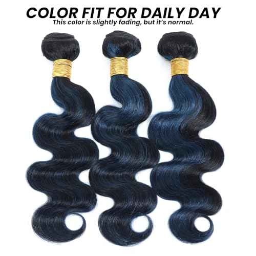ALHER Black Mix Midnight Blue Bundle with 4x4 Closure Human Hair Body Wave, Balayage 100% Virgin Remy Hair 3 Bundles with 4x4 Lace Closure (#1B/Blue,12 14 16+12 Inch)