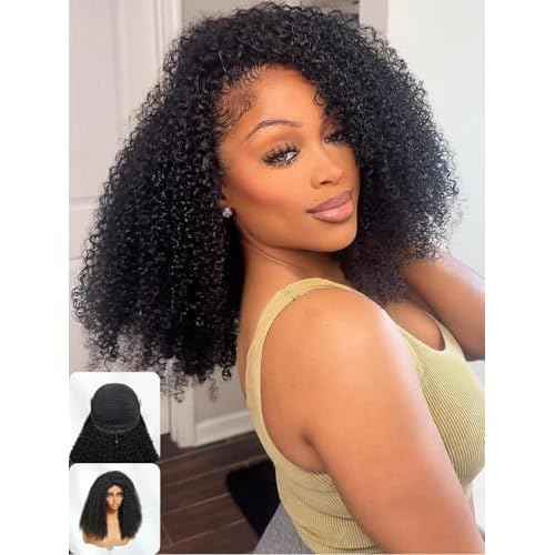 Nadula Afro Kinky Curly Half Wig Human Hair 16 Inch - Glueless Drawstring Wig with 4C Blend Edges, No Leave Out Wear and Go, Natural Look Flip Over Style, Beginner Friendly & Ready to Go Half Wig
