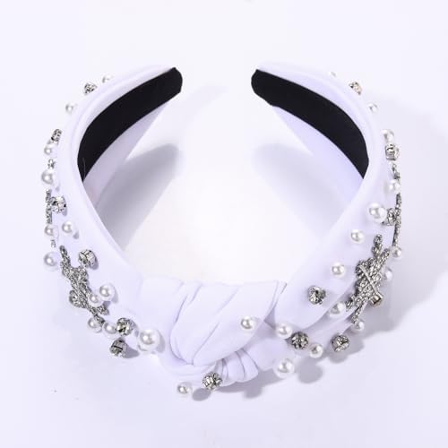 NVENF Christmas Headband for Women Jeweled Crystal Snowflake Headband Pearl Wide Top Knot Winter Holiday Headband Christmas Hair Accessories Holiday Outfits Gifts (Snowflake White 2)