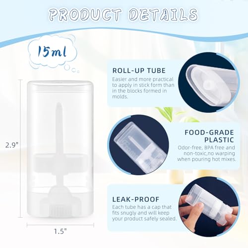50 Pack 0.5 oz/15ml Clear Deodorant Container,Empty Oval Twist-Up Plastic Tubes Portable Containers for Chapstick,Large Lip Balm,Lotion Bar Sticks,Perfume Solid Lotion,Sunscreen-Pocket Deodarant Tube