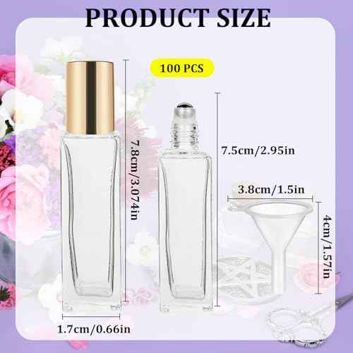 100 Pcs 10 ml Roller Bottles for Essential Oils, Square Thick Empty Glass Roller Bottles with Stainless Steel Roller Balls Protection Leakproof with 5 Funnel for Travel