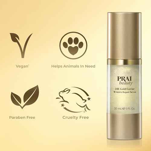 PRAI Beauty 24K Gold Caviar Wrinkle Repair Serum for Face | Anti-Aging Serum with Hyaluronic Acid to Plump and Fill In Wrinkles | Anti-Wrinkle Serum with Vitamin C for Brighter, Firmer Skin | 1.0 Oz