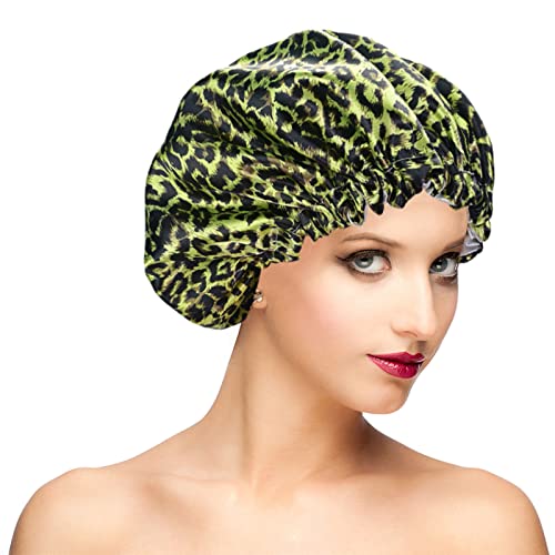 Fishent Shower Cap, Large Shower Caps for Women Reusable Double Layer Waterproof, Adjustable Extra Large Shower Cap for Long Hair and Braids（Red Leopard)