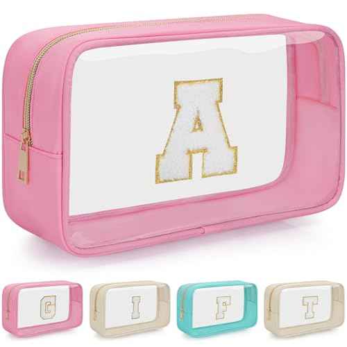 Personalized Initial Clear Makeup Bag, Travel Chenille Patch Cosmetic Bag, Preppy Toiletry Bag Monogram Cosmetic Pouch with Zipper, Ideal Gift for Teen Girls Women (Clear-Pink, A)