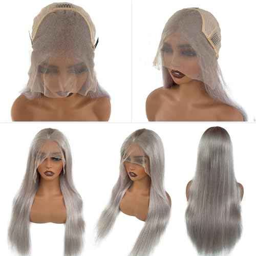 Grey Lace Front Wigs Human Hair for Women, 24inch 150% Density Silver Grey Straight 13X4 HD Transparent Lace Front Wigs Pre Plucked with Baby Hair Natural Hairline