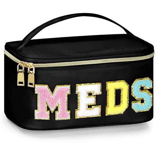 Medicines Chenille Letter Bag Nylon Meds Makeup Pouch Preppy Path with Zipper and Handle Cosmetic Toiletry Storage Purse for Women Black