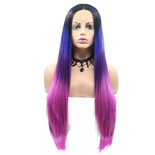 24" Long Straight Black Ombre Purple Synthetic Lace Front Wig for Women Cosplay Party Drag Queen Hairstyle 1B Black to Violet/Rose Red Mermaid Colorful Wedding Wigs Natural Hairline