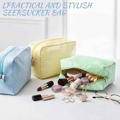 Sanwuta 3 Pcs Seersucker Cosmetic Bag Seersucker Makeup Bag Women Stripe Large Travel Toiletry Organizer Preppy Storage Pouch for Embroidery Christmas Bridesmaid Gifts(Yellow, Green, Lake Blue)