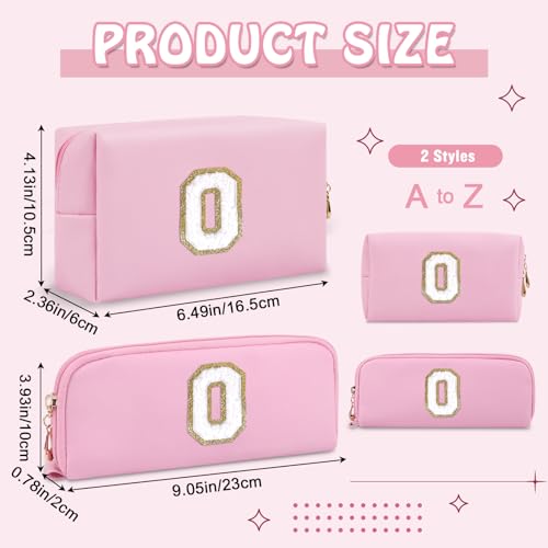 2 PCS Personalized Initial A-Z Preppy Makeup Bag, Small Travel Cute Pink Cosmetic Case Toiletry Zipper Pouch for Purse, Waterproof PU Make Up Brush Organizer Gifts for Women Best Friends(Letter O)