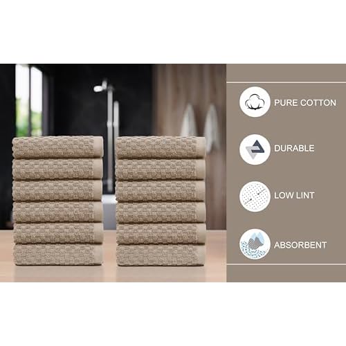 COTTON CRAFT Euro Spa Waffle Wash Cloth - Set of 12 Luxury Pure Ringspun Cotton Waffle Weave Bathroom Face Towel - Everyday Absorbent Hotel Gym Shower Beach Kitchen Travel Dorm - 12x12 inches - Linen