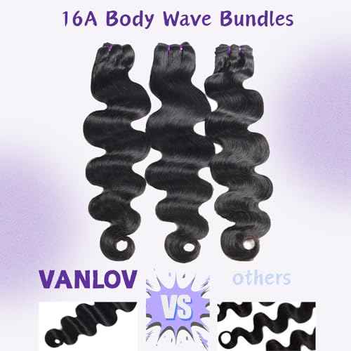 Vanlov Body Wave Bundles Human Hair 16 18 20 Inch Raw Hair Bundles 100% Unprocessed Brazilian Virgin Hair Body Wave 3 Bundles Double Weft Natural Black