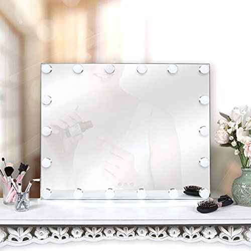 Prinz Lightup Vanity Mirror with 18 LED Lights, 25" Hollywood Makeup Mirror for Bedroom or Dressing Room, Tabletop, White
