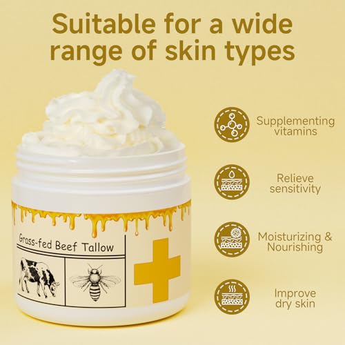 Beef Tallow for Skin, Beef Tallow, Tallow and Honey Cream, Grass Fed Beef Tallow, Whipped Beef Tallow for Face Moisturizer for All Purpose with Raw Honey Tallow Balm 150 Gram(5.3oz)