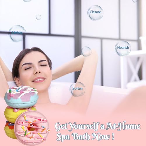 KAV Donut Bath Bombs Gift Set ? 4 Piece Handmade Organic Bath Bomb Kit with Essential Oils ? Relaxation Spa Gift for Women, Men, Teens, Kids ? Self Care & Aromatherapy Soak